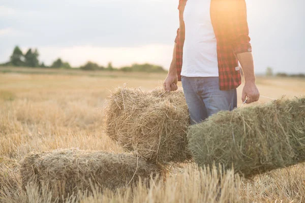 Agricultor con fardos de paja —  Fotos de Stock