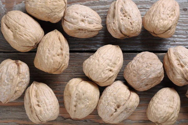 Close Walnuts Old Wooden Table Top View — Stock Photo, Image