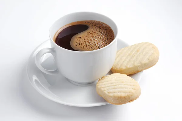 Kopje Koffie Koekjes Witte Achtergrond Close — Stockfoto