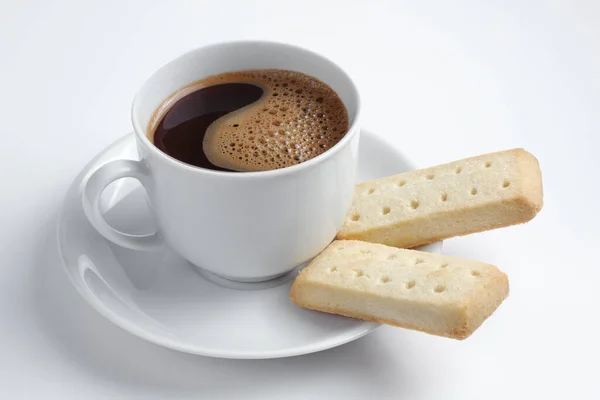 Kopje Koffie Koekjes Witte Achtergrond Close — Stockfoto