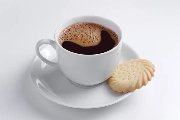 Kopje Koffie Koekjes Witte Achtergrond Close — Stockfoto