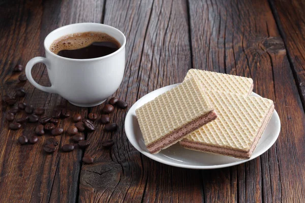 Obleas Con Relleno Taza Café Para Desayuno Mesa Madera — Foto de Stock