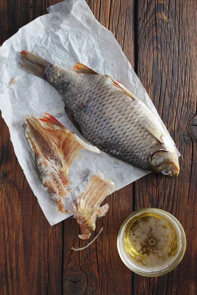 Dried Salted Fish Glass Beer Wooden Table Top View — Stock Photo, Image