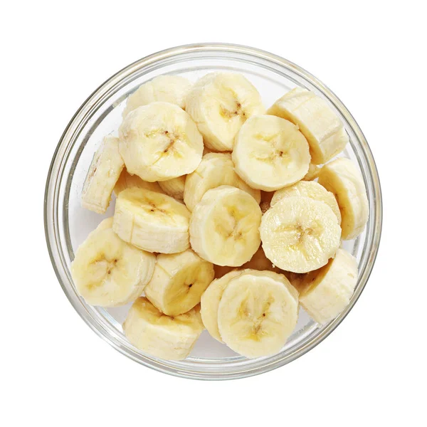 Rijp Gesneden Bananen Een Glazen Schaal Geïsoleerd Witte Achtergrond Bovenaanzicht — Stockfoto