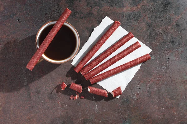 Chocolate Wafer Sticks Cup Coffee Grunge Metal Background Top View — Foto de Stock