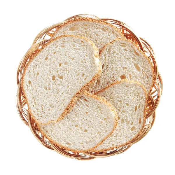Świeżo Upieczony Chleb Pszenny Krojony Wiklinowym Talerzu Izolowanym Białym Tle — Zdjęcie stockowe