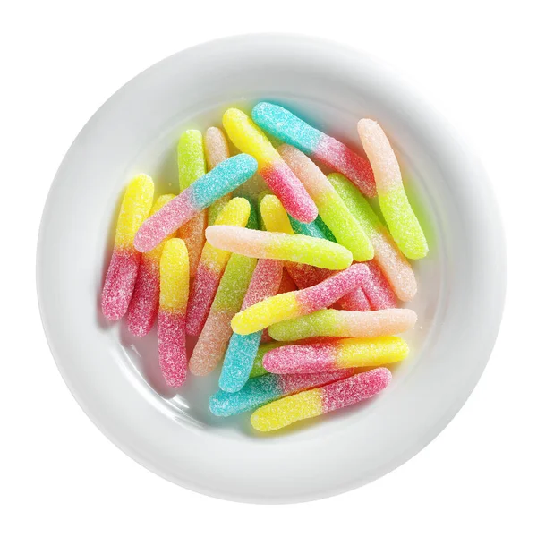 Bord Van Kleurrijke Gummy Gelei Worm Snoepjes Geïsoleerd Witte Achtergrond — Stockfoto