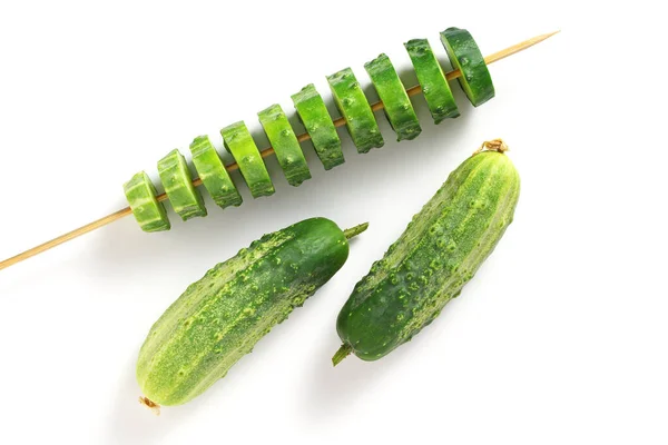 Whole Sliced Green Cucumbers White Background Top View — Stock Photo, Image