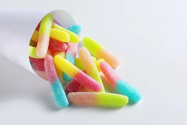 Sugar Coated Jelly Worms Paper Bag White Background — 스톡 사진