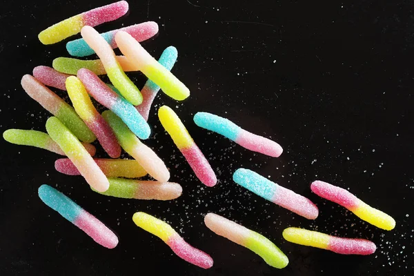 Sour Fruit Gummy Candies Form Worms Black Metal Background Top — Photo