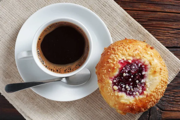 Bun Jam Cup Coffee Breakfast Table Close Top View — Stock Photo, Image