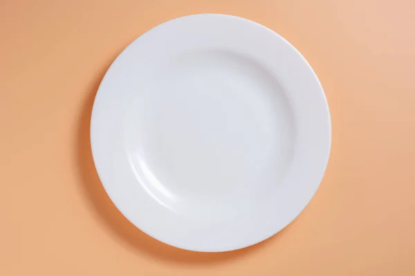 Empty White Ceramic Plate Beige Background Top View — Stock Photo, Image