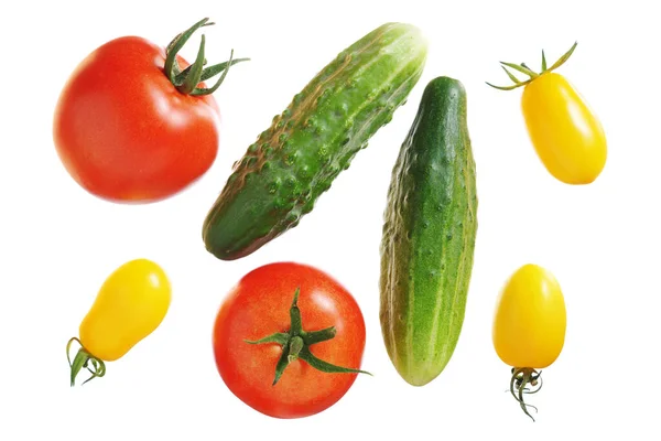 Komkommers Diverse Tomaten Geïsoleerd Witte Achtergrond Bovenaanzicht — Stockfoto