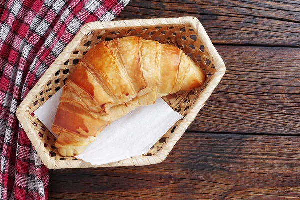 Freshly Baked Croissant Wicker Bowl Wooden Table Top View — Stock Photo, Image