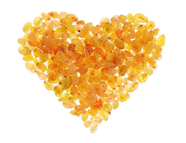 Golden Seedless Raisins Shape Heart Isolated White Background Top View — Stock Photo, Image