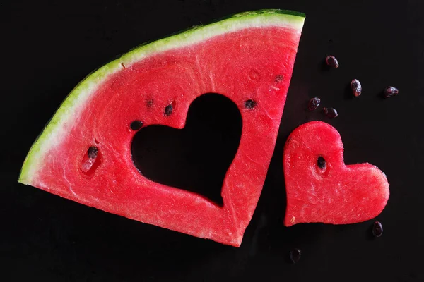 Slice Watermelon Cut Shape Heart Black Background Top View — Stock Photo, Image