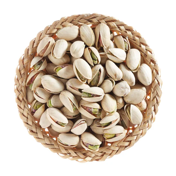 Pistachio Nuts Wicker Bowl Isolated White Background Top View — Stock Photo, Image