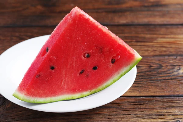 Slice Watermelon Plate Wooden Background Close — Stock Photo, Image