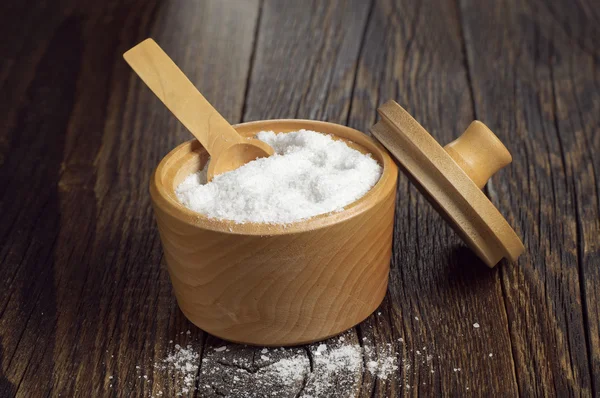 Salt in wooden bowl — Stock Photo, Image