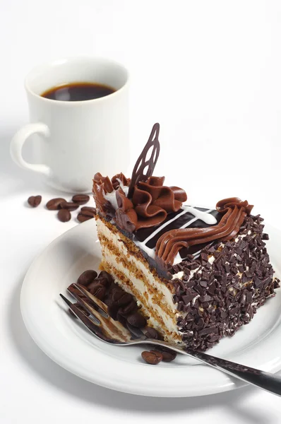 Pedaço de bolo de chocolate e café — Fotografia de Stock