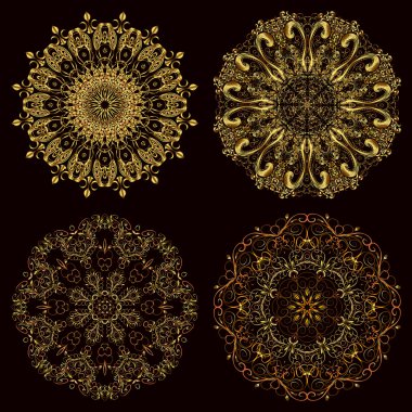 Mandala öğeleri altın damask deseni kümesi.