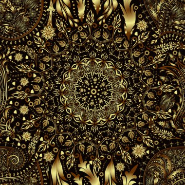 Klasik çiçek motifi. Etnik, pürüzsüz bir geçmişi var. Soyut dantel deseni. Altın eğimli elementler. El çizimi renkli mandala duvar kağıdı. EPS10 vektör dokusu.