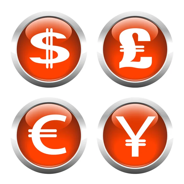 Ensemble de boutons pour le web, symboles de devise, dollar, euro, livre, y — Image vectorielle