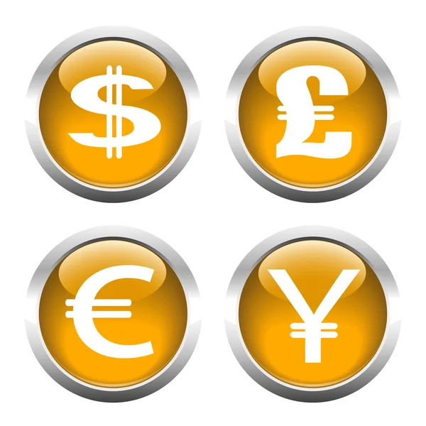 Conjunto de botones para web, símbolos de moneda, dólar, euro, libra, y — Vector de stock