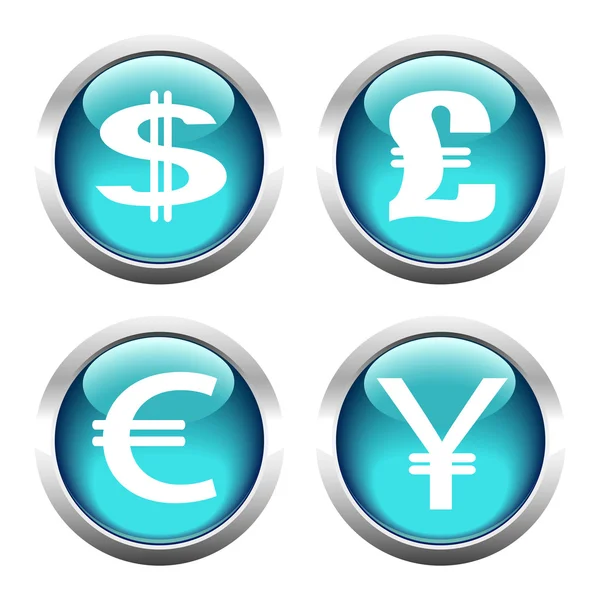 Ensemble de boutons pour le web, symboles de devise, dollar, euro, livre, y — Image vectorielle