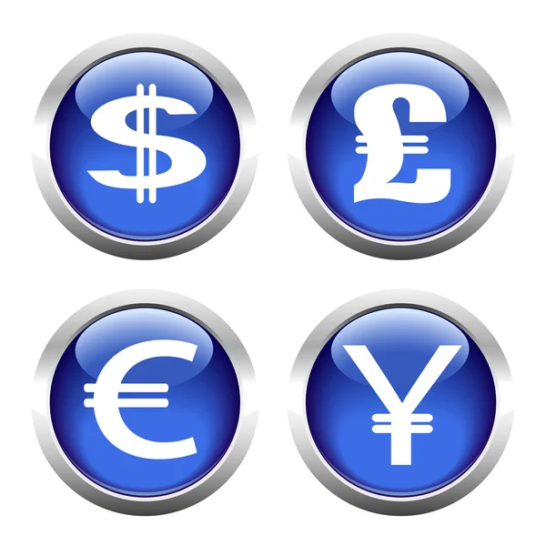 Set of buttons for web, currency symbols, dollar, euro, pound, y — Stock Vector