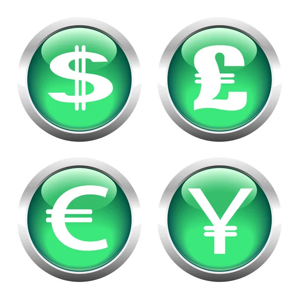 Set of buttons for web, currency symbols, dollar, euro, pound, y — Stock Vector