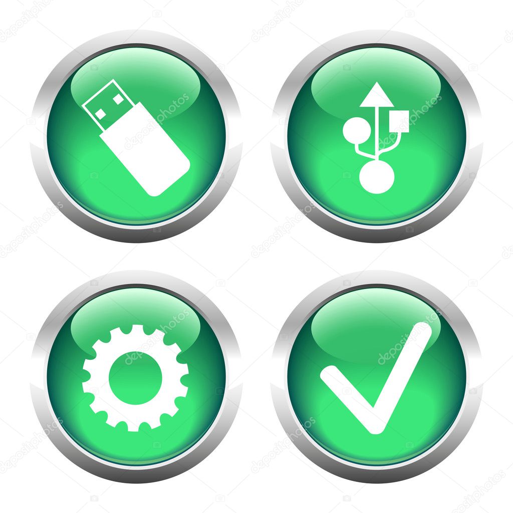 Set of buttons for web, yusb, cogwheel, check.