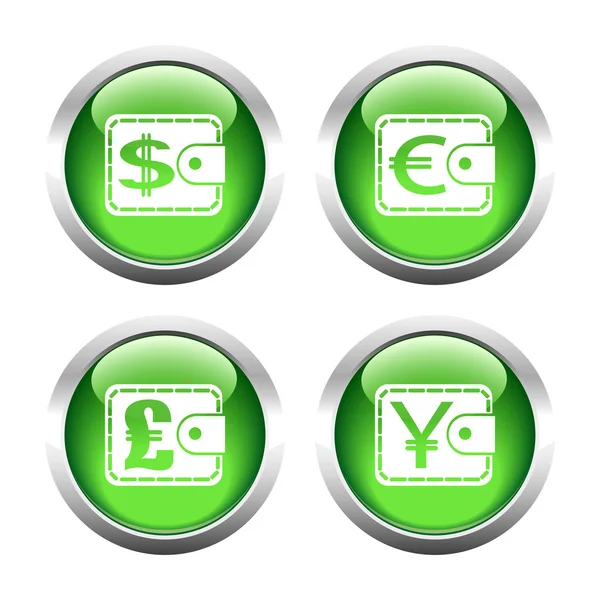 Zestaw kolorowych przycisków dla sieci web, torebki waluty. — Wektor stockowy