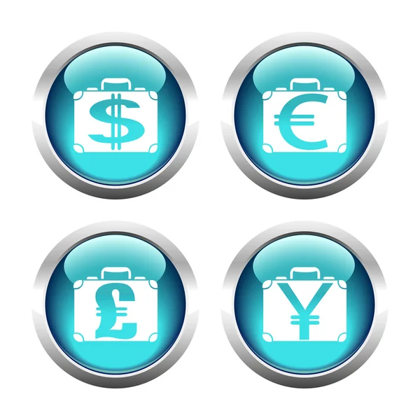 Set of colored buttons for web, suitcases with currency. — Stock Vector