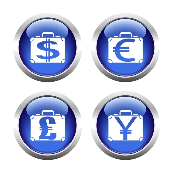 Set of colored buttons for web, suitcases with currency. — Stock Vector