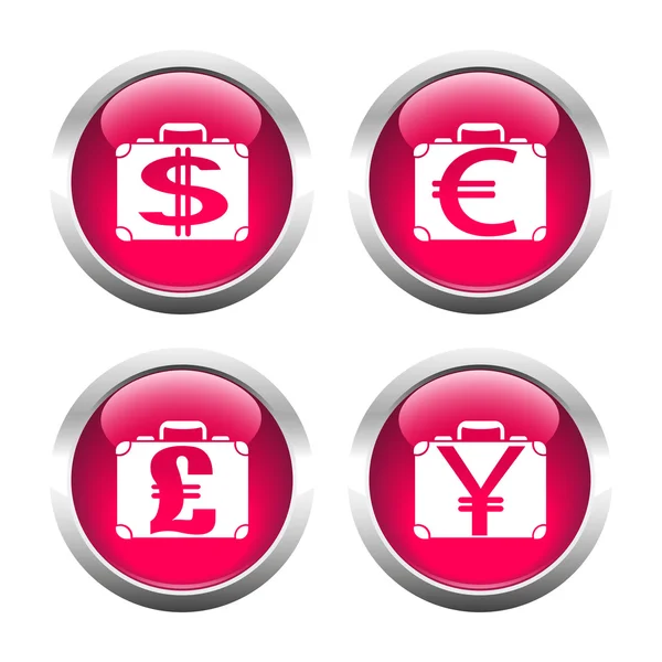 Set of colored buttons for web, suitcases with currency. — Stock Vector