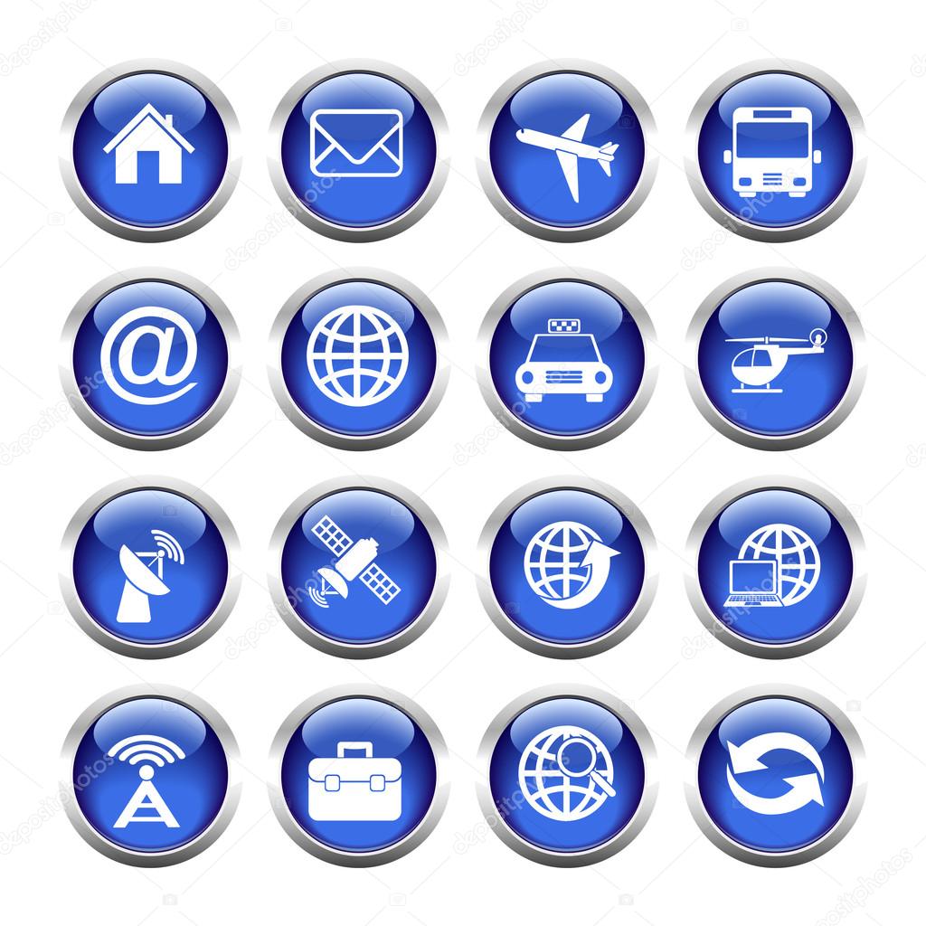 Set of buttons for web, globe, mail, transportation, home.