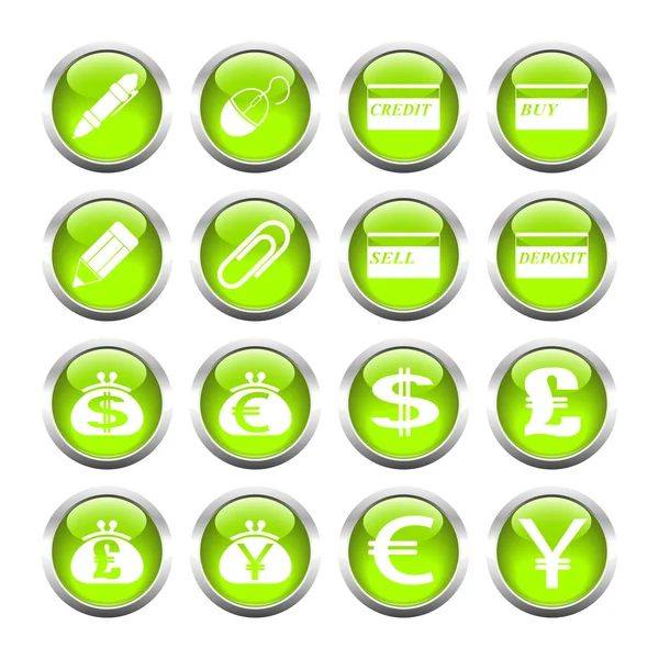 Set of buttons for web, pen, card, clip, purse, currency. — Stock Vector