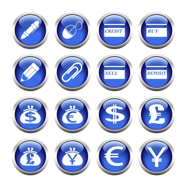 Set of buttons for web, pen, card, clip, purse, currency. — Stock Vector