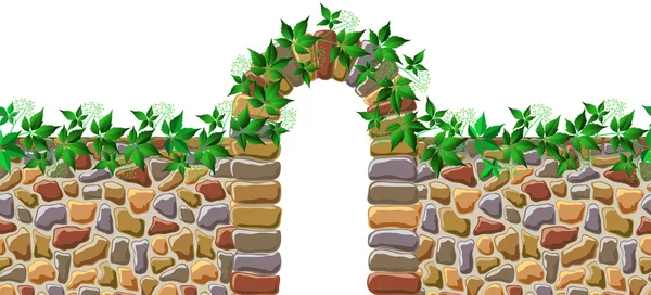 Old wall with arch entwined with wild grapes. — Stock Vector