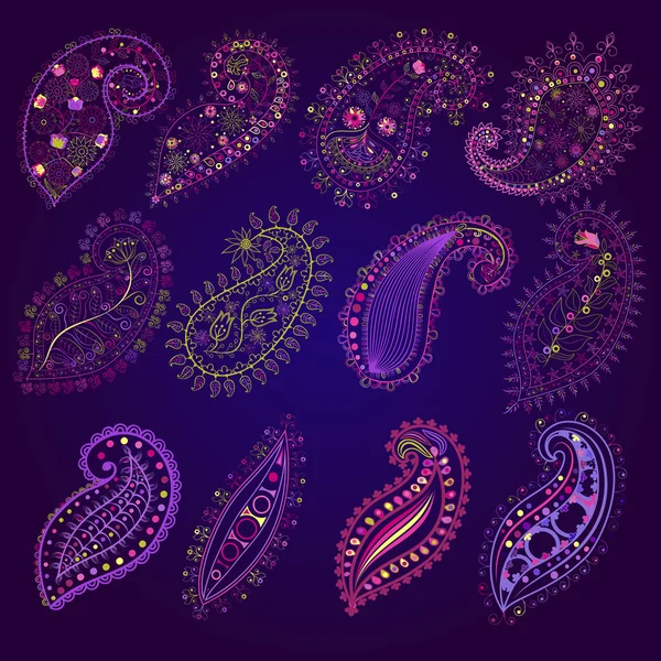 Setați elemente Paisley ornament național indian. Făină multicoloră — Vector de stoc