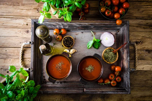 Tomatensuppe mit Olivenöl und Basilikum — Stockfoto