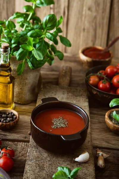 番茄汤配橄榄油和基础研究 — 图库照片