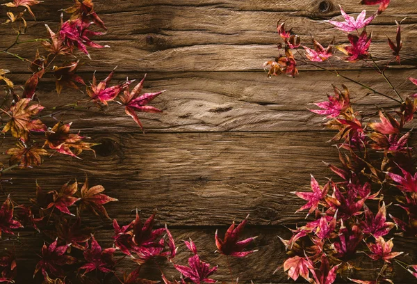 Folhas de outono na mesa de madeira — Fotografia de Stock