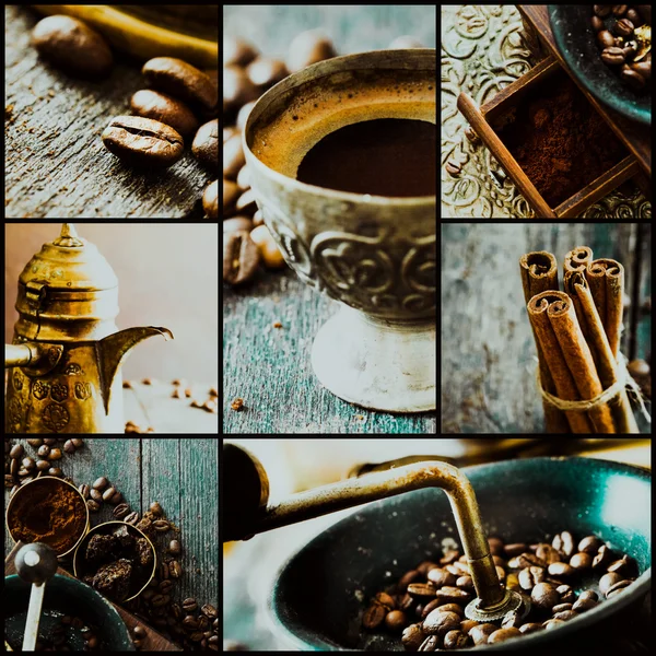 Coffee antique grinder, coffee beans and cup of coffee — Stock Photo, Image