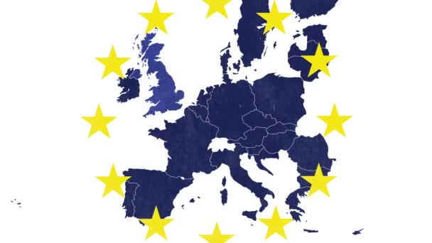 Brexit - Mapa texturizado da UE sobre fundo branco, com 12 estrelas simbólicas - Reino Unido está a ser apagado com um efeito de evaporação — Vídeo de Stock