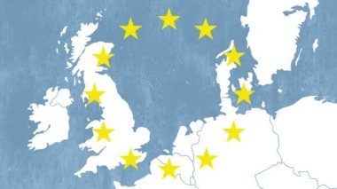 Brexit - AB Batı ile 12 sembolik yıldız haritası - Birleşik Krallık bir mavi dumanlı etkisi - grafik mavi animasyon silinir