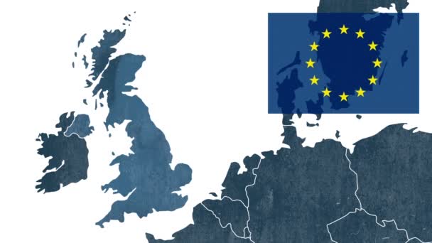 Référendum sur le Brexit - Carte texturée de l'Ouest de l'UE avec le drapeau européen, montrant l'exclusion du Royaume-Uni - effet d'évaporation — Video