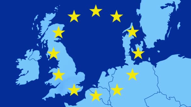 Brexit-12 符号星星的欧盟西方地图-英国正在清除在蓝色的烟效果-图形的蓝色动画 — 图库视频影像