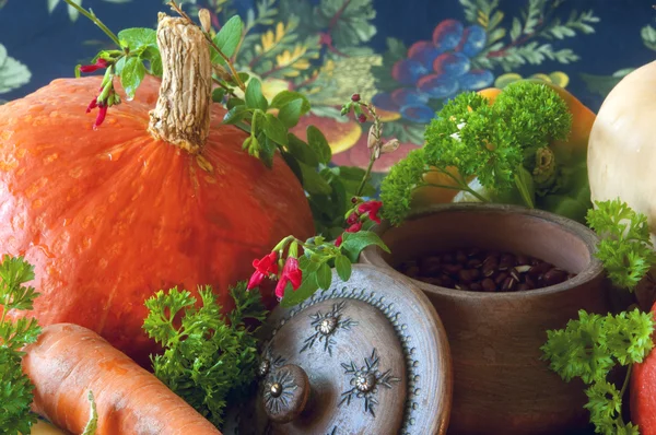 Calabazas, zanahorias, semillas, calabaza y hierbas - Composición de naturaleza muerta con verduras de temporada de otoño —  Fotos de Stock